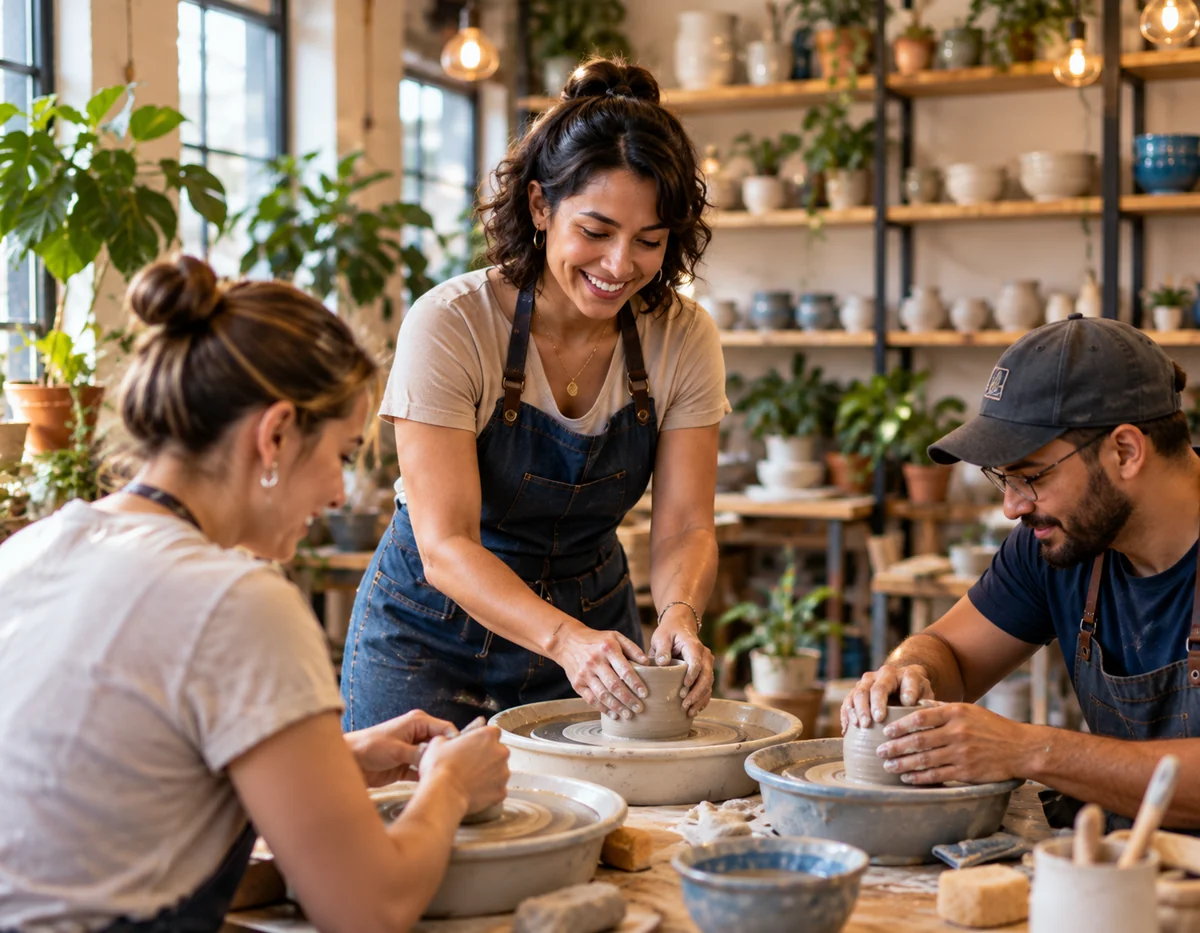 About Us Neighbors learning pottery together in a local workshop.
