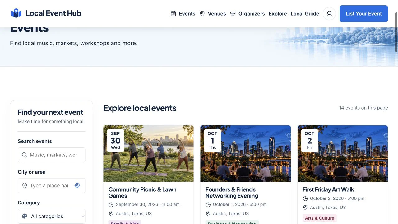 How It Works Use search, location and dates to find a suitable event.